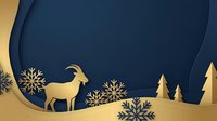 Young goat silhouette among golden snowflakes and evergreen trees in layered paper cut style winter landscape design for holiday cards and seasonal decorations.