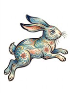 Decorative rabbit with ornate floral patterns in blue, orange, and cream tones, isolated on transparent background. Ready for t-shirts, stickers, clipart, and print-on-demand designs.