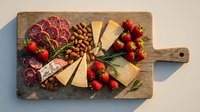 Gourmet cheese and charcuterie board with salami, aged cheeses, fresh strawberries, nuts and herbs on rustic wooden cutting board for entertaining.