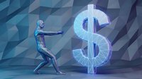 Futuristic humanoid robot pulling glowing dollar sign symbol on geometric background representing financial technology and digital economy concepts.
