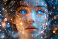 Mystical female face with glowing blue eyes and luminous skin texture overlaid with digital particles and light effects creating ethereal atmosphere.