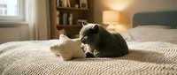Adorable gray and white cat sitting on cozy knitted bedding in warm sunlit bedroom interior with modern home decor and soft natural lighting.