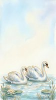Elegant white swans gliding on calm water with water lilies and aquatic plants, rendered in soft watercolor style with pastel tones for nature and wildlife illustrations.