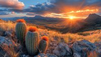 Dramatic sunset over desert mountain landscape with barrel cactus in foreground, golden light illuminating dry grass and rocky terrain against dramatic cloudy sky.