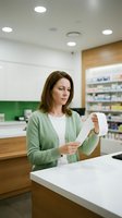 Woman pharmacist reading medication label at pharmacy counter with shelves of products behind her.