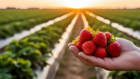 Fresh ripe strawberries in cupped hands at sunrise over agricultural field rows. Organic farming harvest concept for healthy eating and sustainable agriculture.