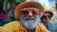 Senior man with white beard wearing orange sunglasses and straw hat smiles broadly in yellow floral shirt during summer outdoor activity. Joyful retirement lifestyle.