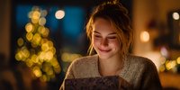 Young woman smiling while reading book in cozy evening atmosphere with Christmas tree lights bokeh in background, creating warm holiday ambiance.