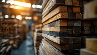 Stacked wooden planks and lumber materials in warehouse storage with natural lighting and bokeh effect, showing wood grain texture and construction supplies.