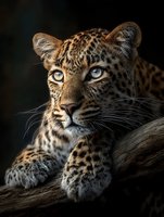 Majestic leopard portrait with piercing blue eyes resting on wooden branch against dark background for wildlife photography and nature designs.