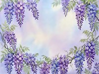 Watercolor wisteria frame with cascading purple blooms and green leaves on a soft lavender sky background, forming an elegant floral border with copy space.