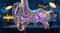 Transparent glass inner ear anatomy model with cochlea and semicircular canals in medical laboratory setting for educational and healthcare presentations.