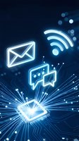 Digital communication concept with glowing neon icons of email, wifi and chat bubbles emerging from microchip processor on dark blue tech background.