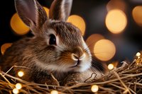 Adorable brown rabbit nestled in hay with glowing bokeh lights creating magical holiday atmosphere, close up portrait of bunny with soft fur and expressive eyes.