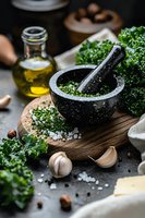 Fresh parsley leaves in black mortar with olive oil, sea salt, garlic and spices on wooden board. Dark moody food photography for cooking blogs and recipes.