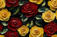 Vibrant red and yellow roses with green leaves create romantic floral composition against dark background, close up view of blooming flowers in full frame pattern.
