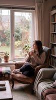 Young woman enjoying hot beverage in cozy reading nook by window with bookshelf and houseplants creating peaceful autumn morning atmosphere at home.