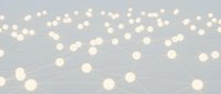 Interconnected glowing nodes and particles on gray background, representing network connections, data flow, and digital communication for technology and business concepts.