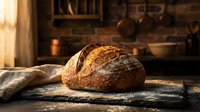Freshly baked artisan sourdough loaf with crispy crust resting on wooden surface in rustic bakery kitchen setting, ideal for food and culinary content.