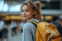 Young Caucasian female student with ponytail wearing grey hoodie and yellow backpack smiling at camera in university hallway, expressing positive student lifestyle.