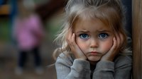 Young girl with bright blue eyes and blonde hair showing sad emotion, wearing gray sweater, hands on cheeks, childhood portrait with blurred background.