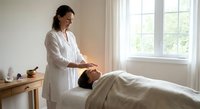 Professional female therapist performing relaxing head massage treatment on client in bright wellness spa room with natural lighting.