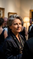 Elegant mature Caucasian woman with silver hair at upscale social event wearing navy blazer with ornate embroidered details in sophisticated interior setting.