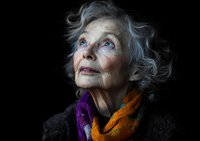 Elegant senior woman with silver hair gazing upward against dark background, wearing colorful scarf. Dramatic side lighting highlights facial features and contemplative expression.