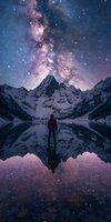Majestic mountain peak under starry Milky Way galaxy with person in red jacket standing by calm lake reflecting night sky and snowy landscape in purple hues.