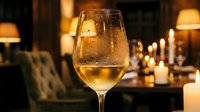 Glass of white wine on elegant restaurant table with warm candlelight ambiance and soft lighting creating romantic dining atmosphere for special occasions.