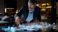 Mature businessman interacting with futuristic holographic city model on conference table, wearing glasses and suit, illuminated by blue technology glow.