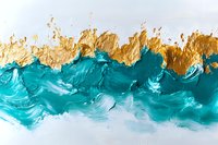 Abstract turquoise and gold fluid art painting with textured waves and metallic accents, creating a coastal-inspired decorative background.