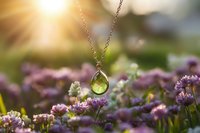 Silver pendant with green crystal teardrop hanging among purple wildflowers in soft sunlight, creating magical garden atmosphere for jewelry photography.