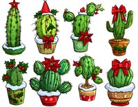 Festive cactus collection decorated with red bows, Santa hats and holiday ornaments in decorative pots. Hand drawn green succulents with Christmas elements.