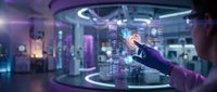 Scientist in lab coat and gloves interacts with glowing holographic interface displaying medical data in futuristic laboratory.