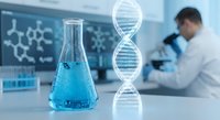 Laboratory research with DNA double helix model and blue chemical solution in flask while scientist works with microscope in modern lab facility.