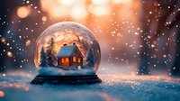 Magical snow globe with glowing cabin and pine trees against bokeh winter background, creating cozy holiday atmosphere and festive mood.