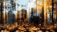 Mystical autumn forest with golden sunlight streaming through tall trees, fallen maple leaves on ground creating dreamy woodland atmosphere in morning fog.
