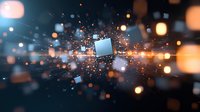 Glowing digital particles and cubes floating in dark space with orange and blue bokeh light effects create dynamic motion and energy for technology backgrounds.