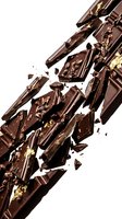 Dark chocolate bars breaking and shattering into pieces against white background, ideal for food, confectionery, and dessert advertising campaigns.