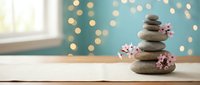 Zen stone stack with cherry blossoms on wooden surface against turquoise wall with warm bokeh lights creating peaceful spa atmosphere for wellness.