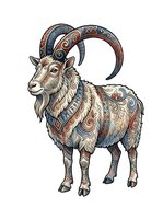 Ornamental goat with decorative patterns and curved horns isolated on white background, ready for design projects, apparel printing, and clipart applications.
