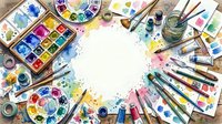 Overhead view of colorful watercolor paints, brushes, and art supplies arranged around blank white space, perfect for creative projects, art education, and design inspiration.