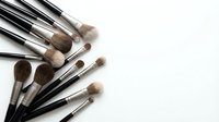 Professional makeup brushes set with natural bristles arranged on white background for beauty and cosmetics applications.
