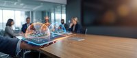 Businessman holding holographic globe with digital city network projection on wooden conference table in modern office meeting room with colleagues.