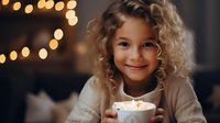 Young girl with curly blonde hair holding glowing candle against blurred Christmas lights background, creating warm and cozy holiday atmosphere.