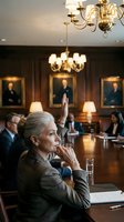 Senior businesswoman raising hand during corporate board meeting in elegant conference room with colleagues and chandeliers.