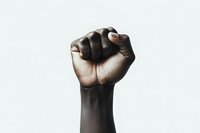 Raised black fist against white background symbolizing unity, strength, and protest movement. Powerful gesture representing social justice and solidarity.