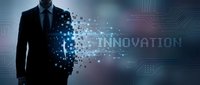 Business professional in suit with digital innovation technology concept featuring glowing pixels and circuit board elements for corporate presentations.
