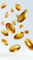 Golden omega-3 fish oil capsules falling on light background, nutritional supplement pills in motion for health and wellness advertising.